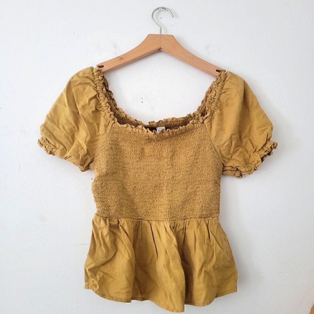 Old Navy Square Neck Smocked Puff Sleeve Top Mustard Yellow XS